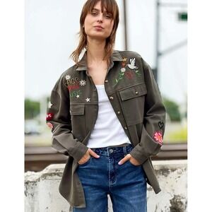 NWT Billy T Embroidered Peace Love and Music Shirt Army Green Women's Size XS